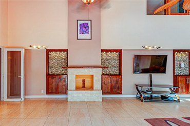 The fireplace in the living room