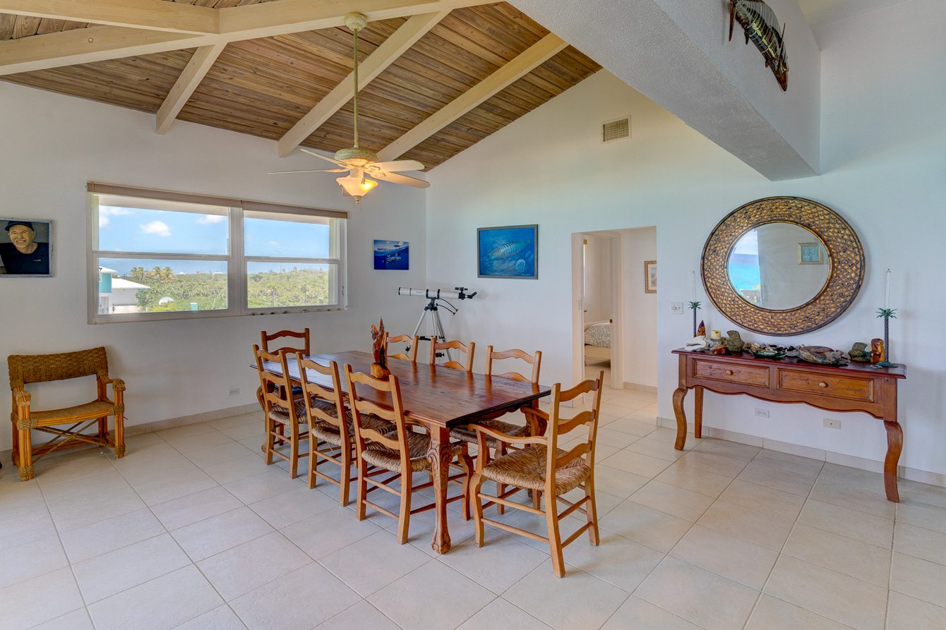 The dining room at The Family Beach House on San Salvador