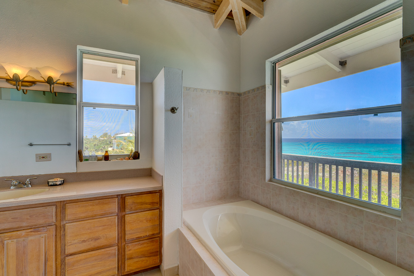 The master bathroom at theThe Family Beach House on San Salvador