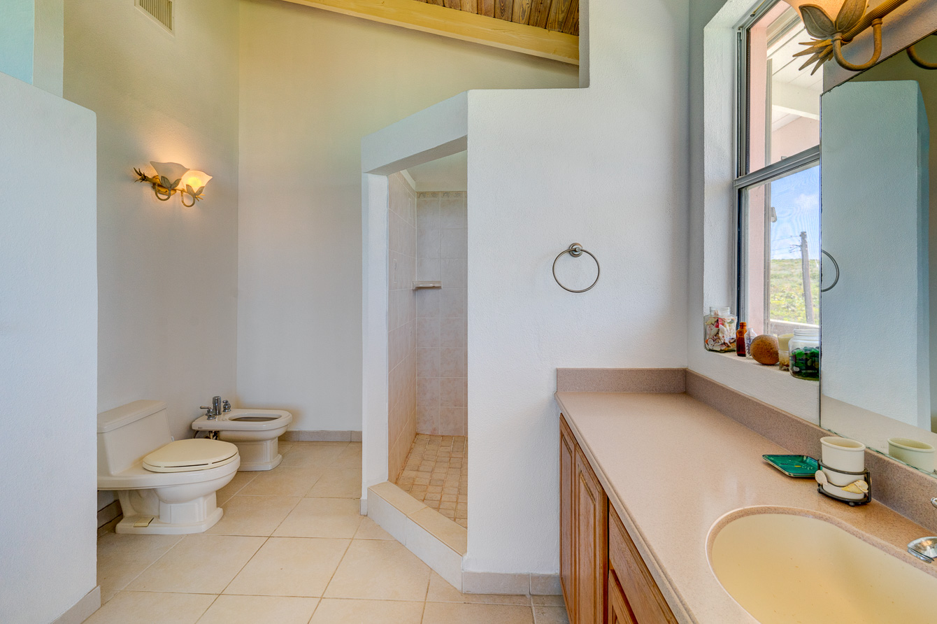 The master bathroom at The Family Beach House on San Salvador
