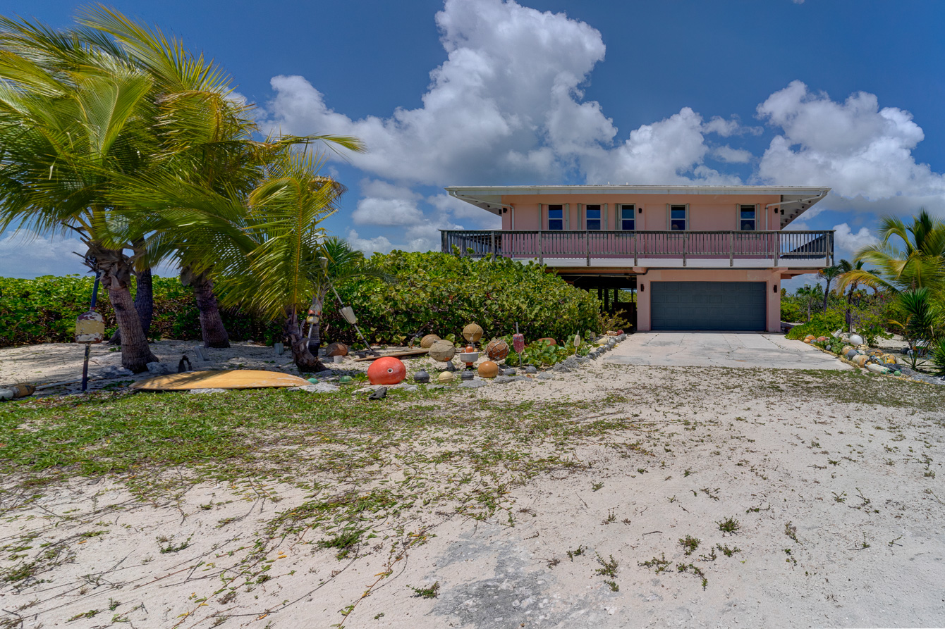 The house seen from the driveway of The Family Beach House on San Salvador