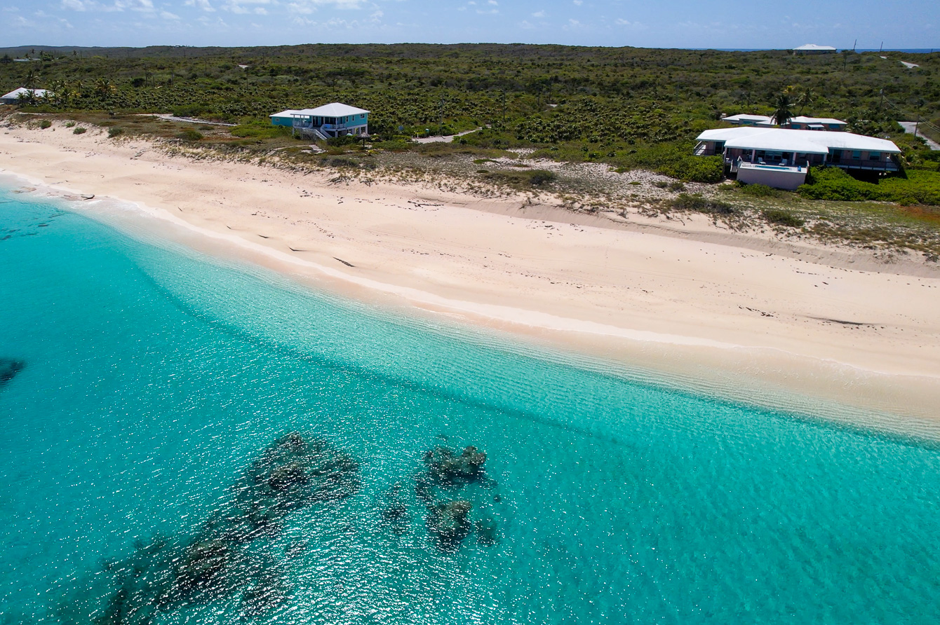 Aerial of the beach by The Family Beach House on San Salvador