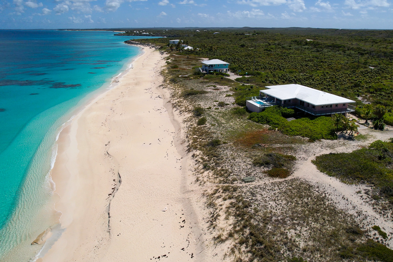 Aerial of the beach by The Family Beach House on San Salvador