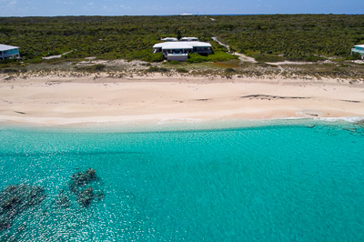 Aerial of the beach at The Family Beach House on San Salvador 