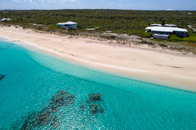 Aerial of the beach at The Family Beach House on San Salvador 