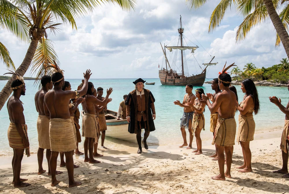 The Lucayan Indians meeting Columbus on San Salvador